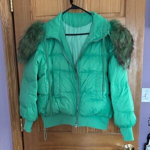Green Puffer Jacket with Faux Fur Trim